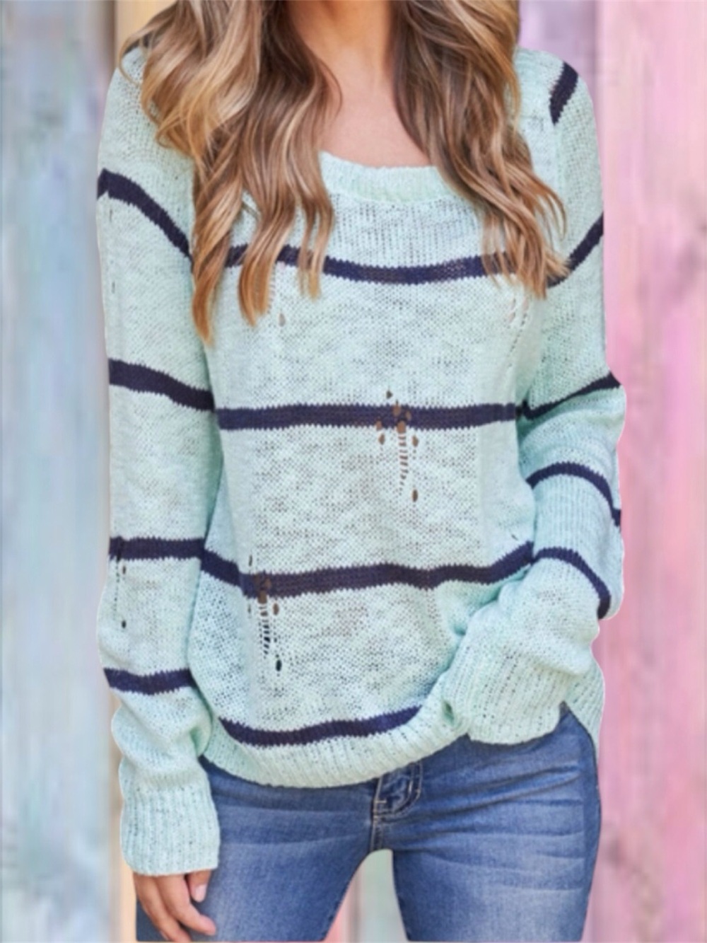 Miracle Mint Green Distressed Wide Neck Knit Stripe Top NEW